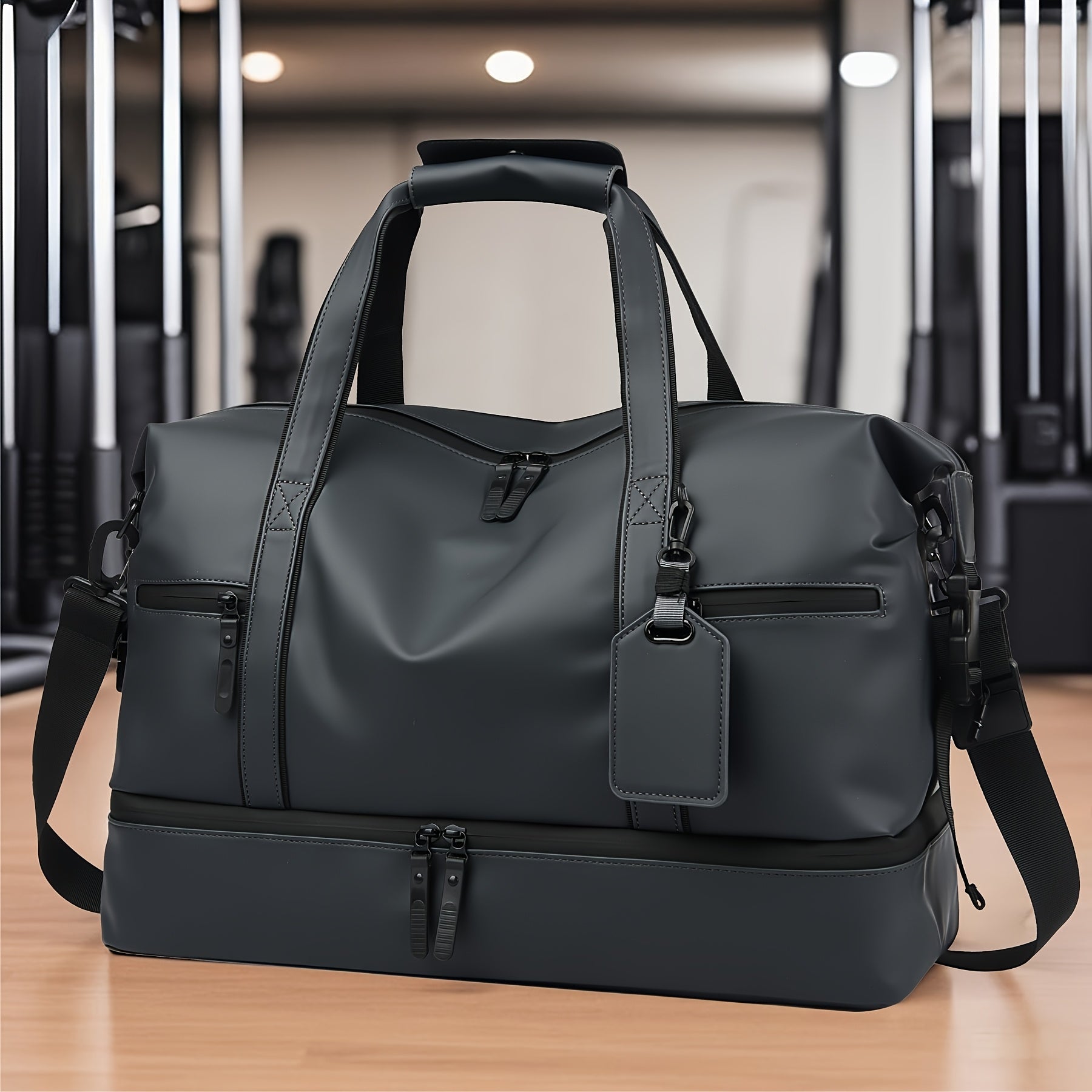 Gym Duffel Bag – PU Leather, Multi Pocket, for Travel & Work – front view - product view 16