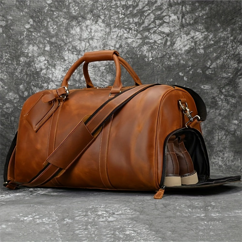 Gym Duffel Bag – for Travel, Genuine Cowhide Leather Weekender Shoe – detail view 16
