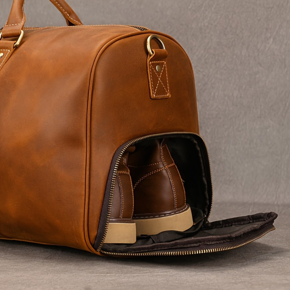 Gym Duffel Bag – for Travel, Genuine Cowhide Leather Weekender Shoe – detail view 7