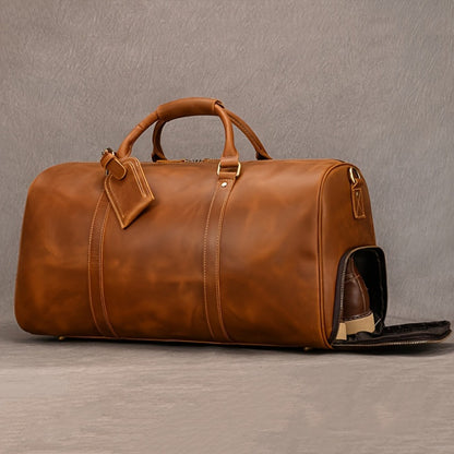 Gym Duffel Bag – for Travel, Genuine Cowhide Leather Weekender Shoe – front view