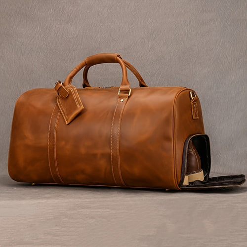Gym Duffel Bag – for Travel, Genuine Cowhide Leather Weekender Shoe – front view