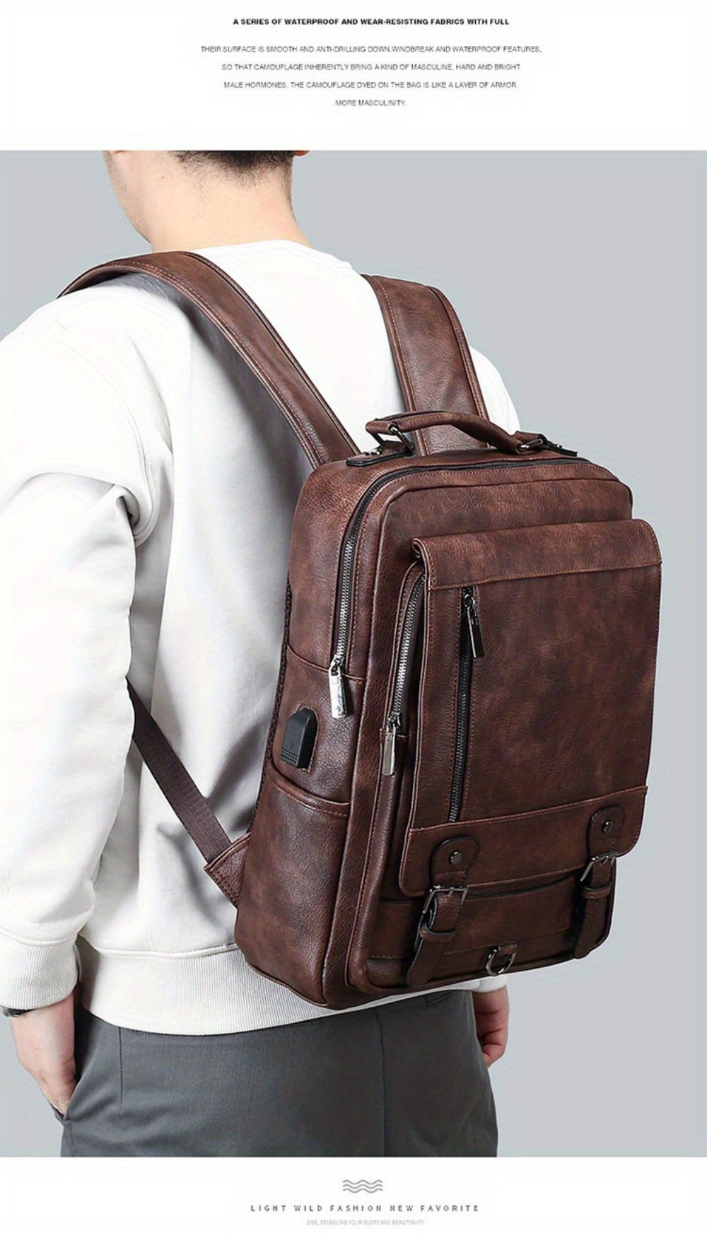 Laptop Backpack – 15.6 Inch, PU Leather, USB Charging, Anti Theft – detail view 16