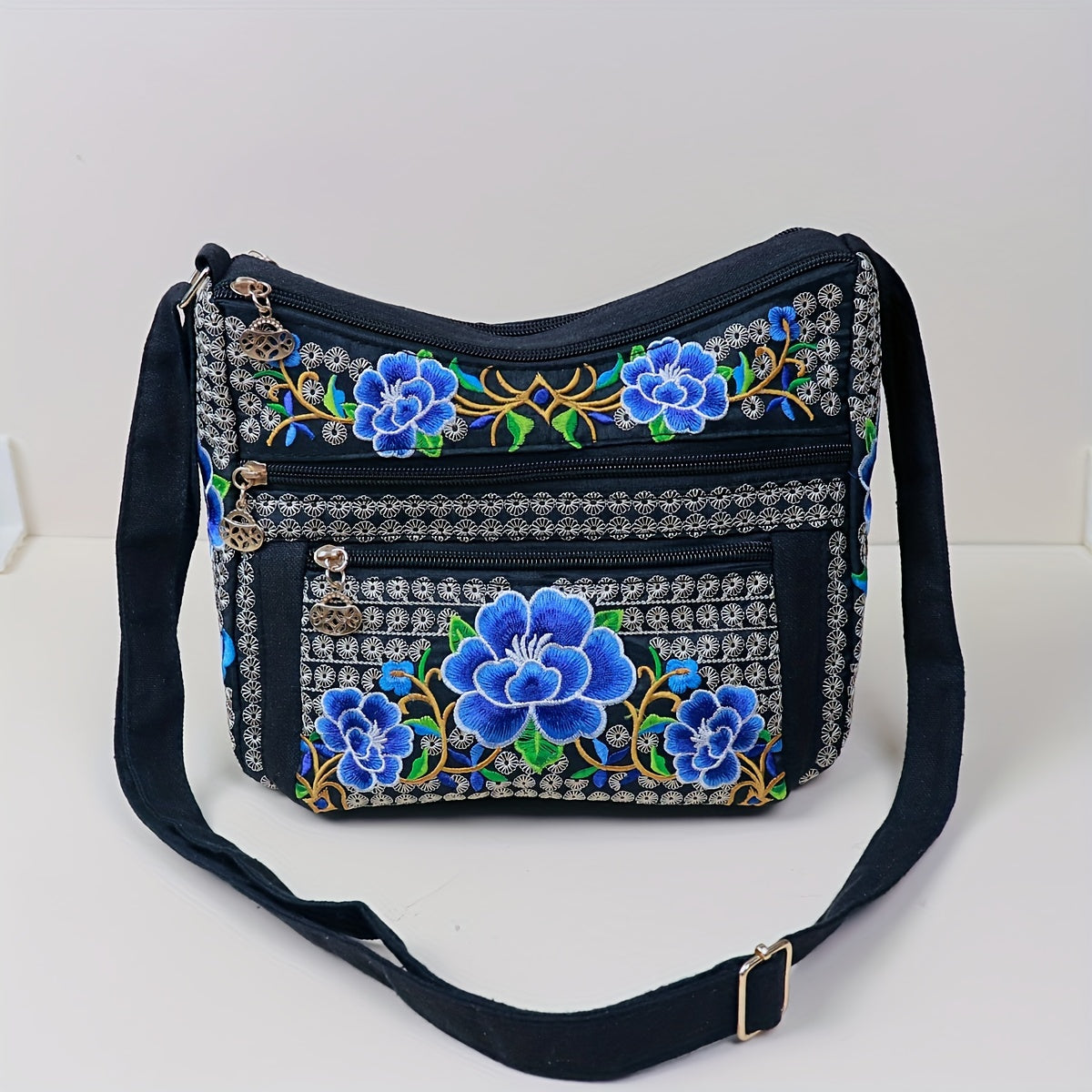 Laptop Bag – Adjustable Strap, Embroidered Floral Retro Bohemian Adjustable – detail view 3