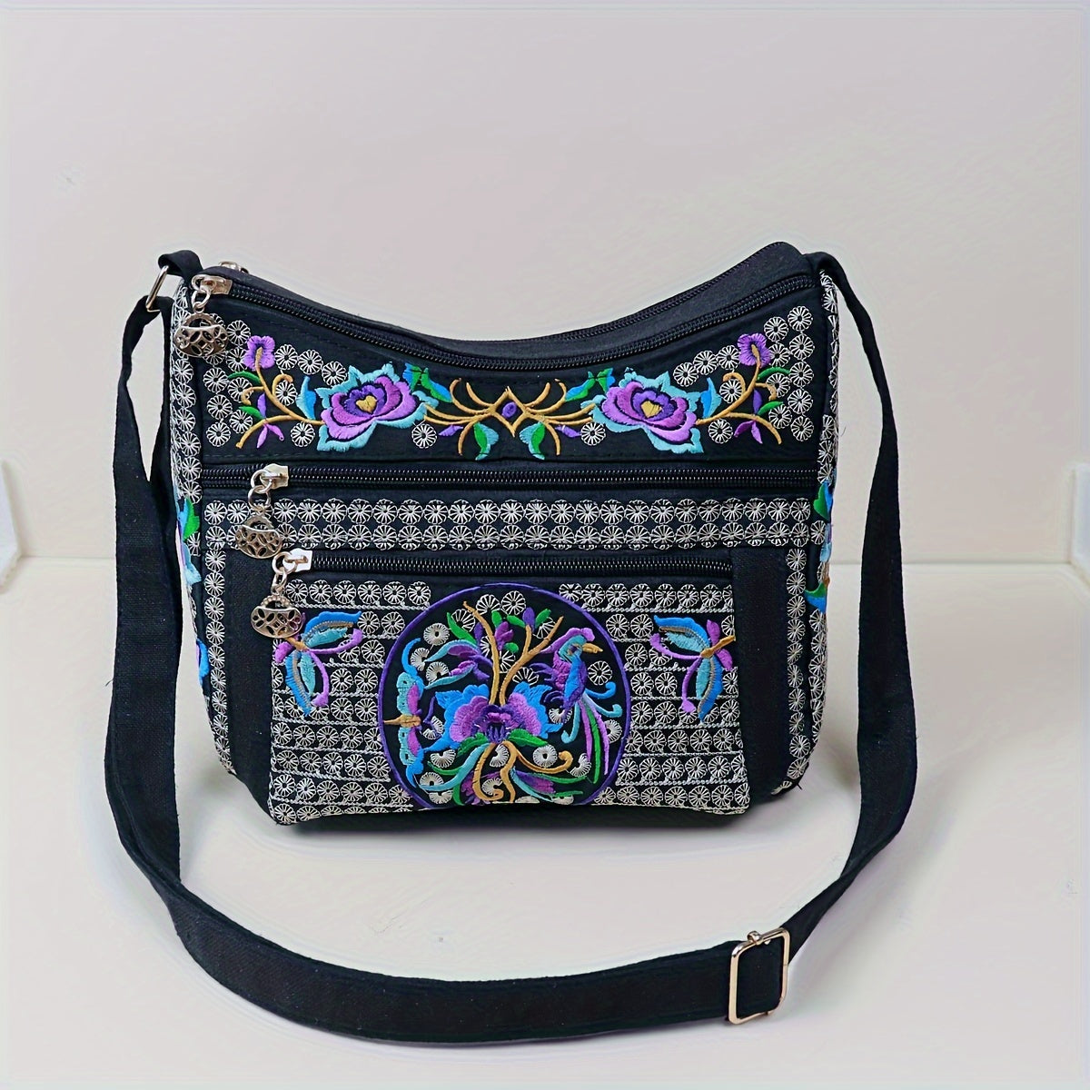 Laptop Bag – Adjustable Strap, Embroidered Floral Retro Bohemian Adjustable – detail view 2