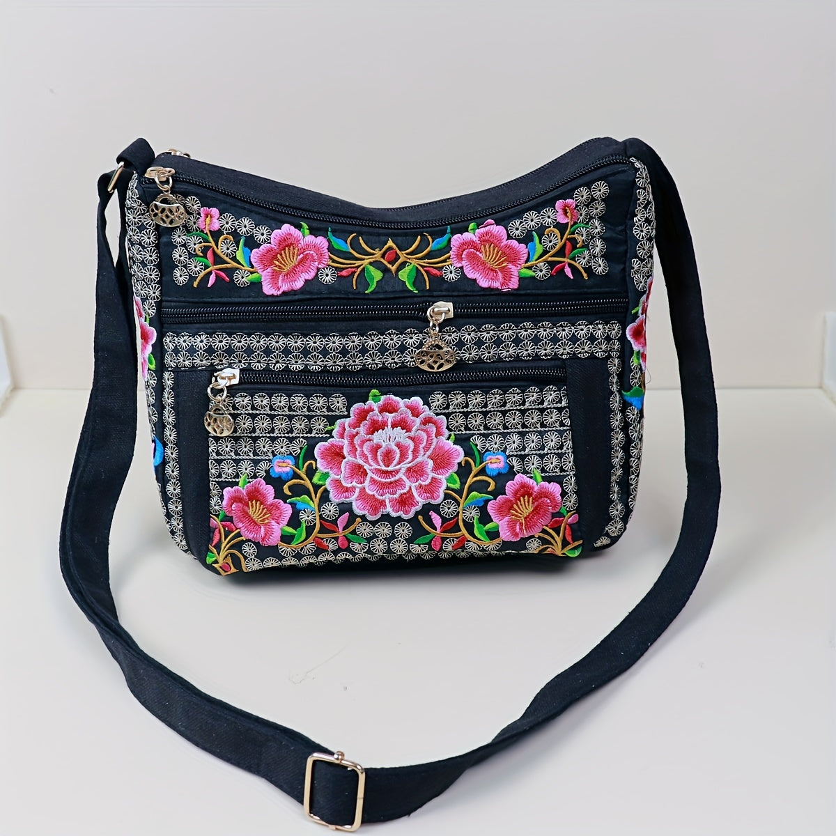 Laptop Bag – Adjustable Strap, Embroidered Floral Retro Bohemian Adjustable – detail view 4