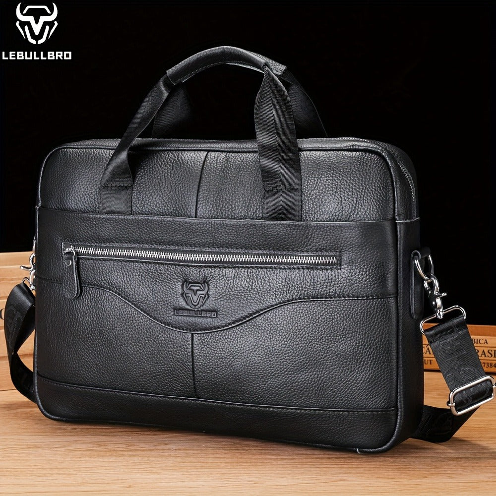 Laptop Bag – for Travel & Work, Genuine Cowhide Leather Executive Briefcase – front view