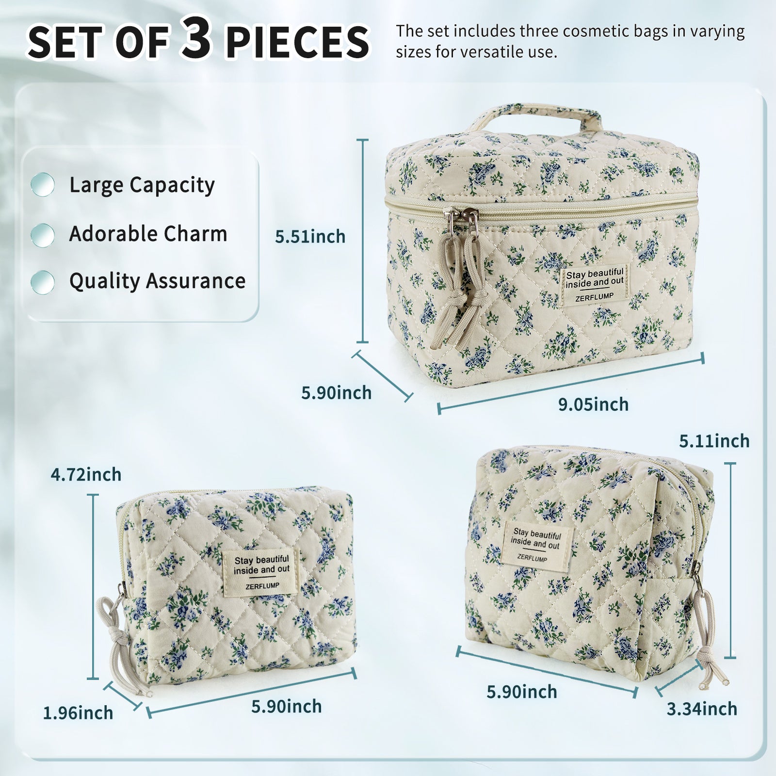 Travel Makeup Bag – 3 Piece, Quilted, for Travel – detail view 15