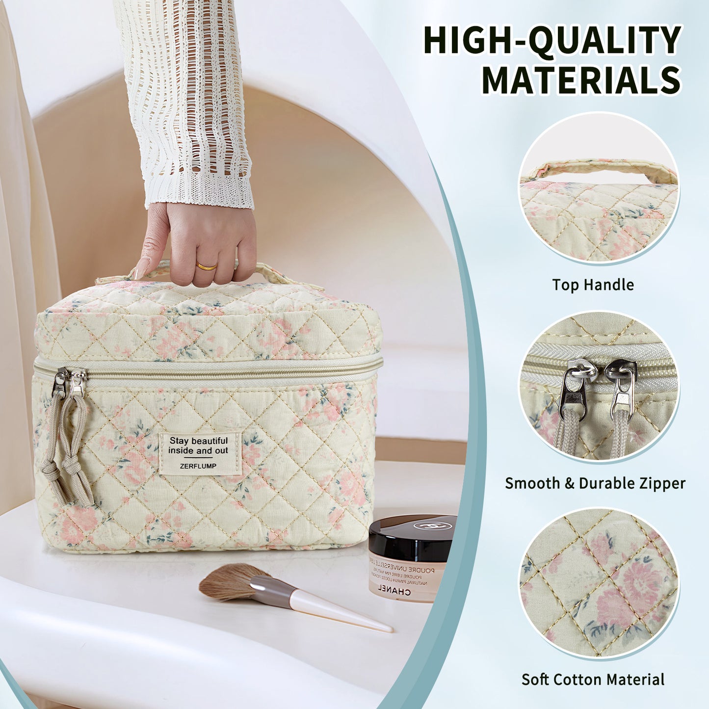 Travel Makeup Bag – 3 Piece, Quilted, for Travel – detail view 20