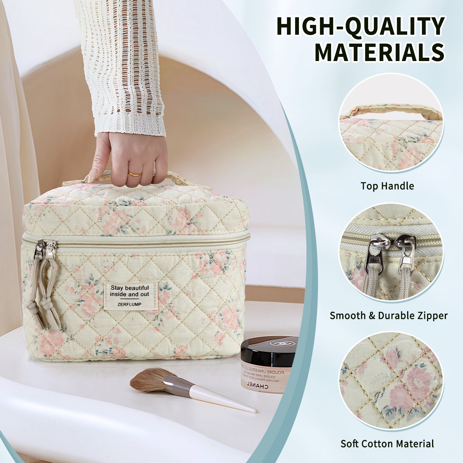 Travel Makeup Bag – 3 Piece, Quilted, for Travel – detail view 20