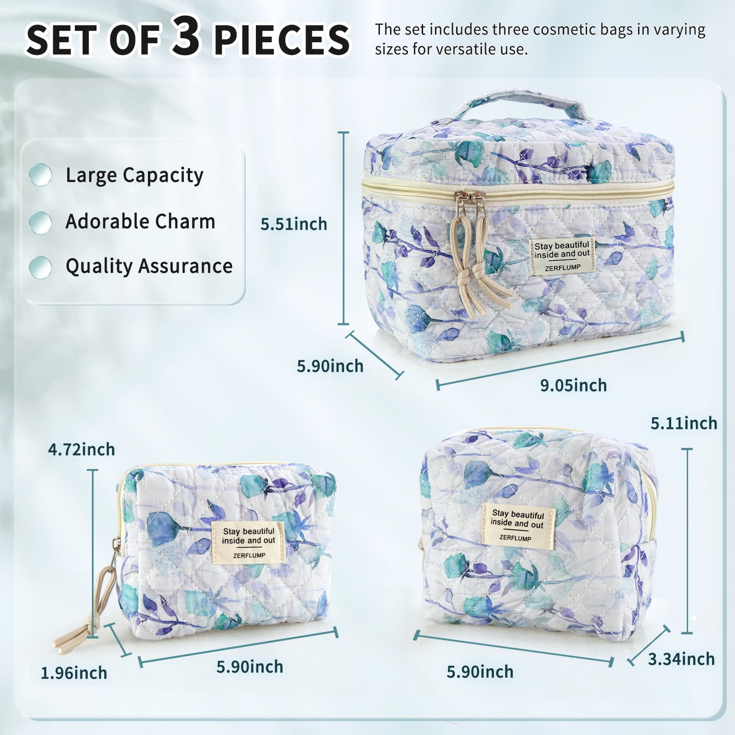 Travel Makeup Bag – 3 Piece, Quilted, for Travel – detail view 2