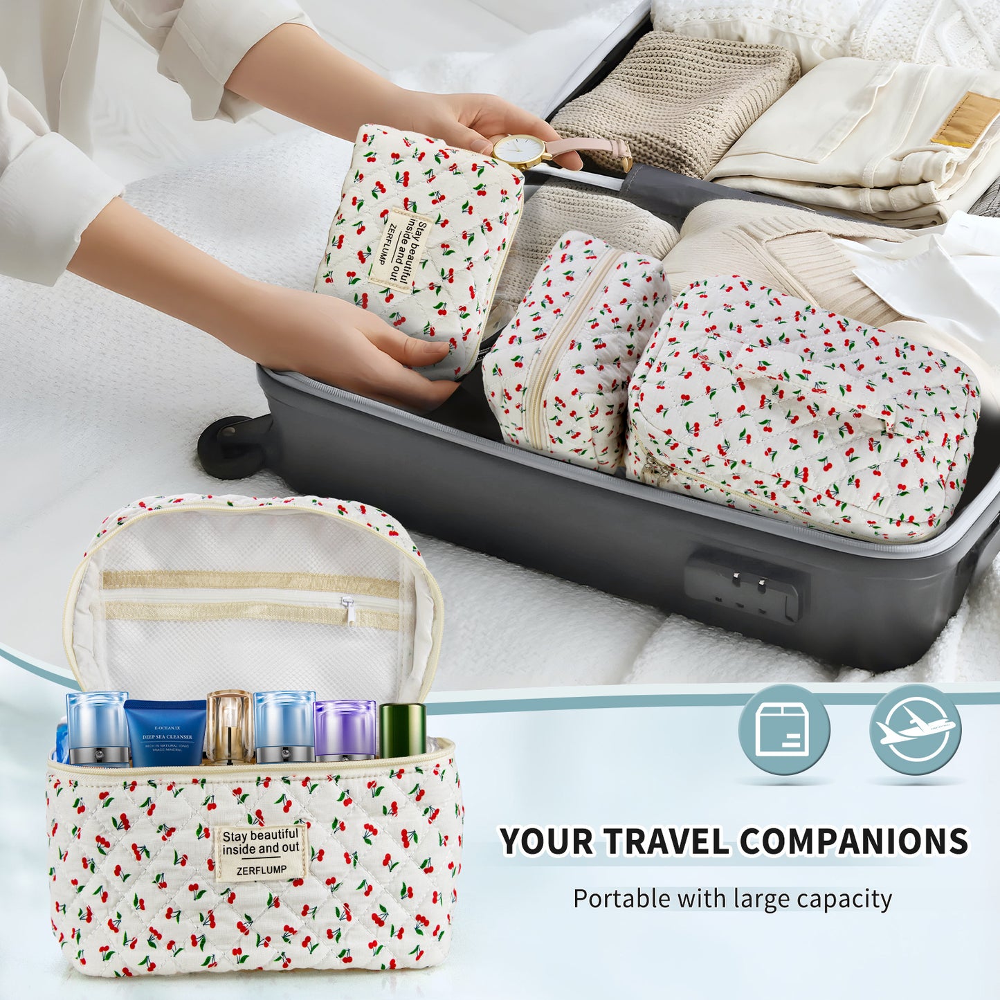Travel Makeup Bag – 3 Piece, Quilted, for Travel – detail view 30