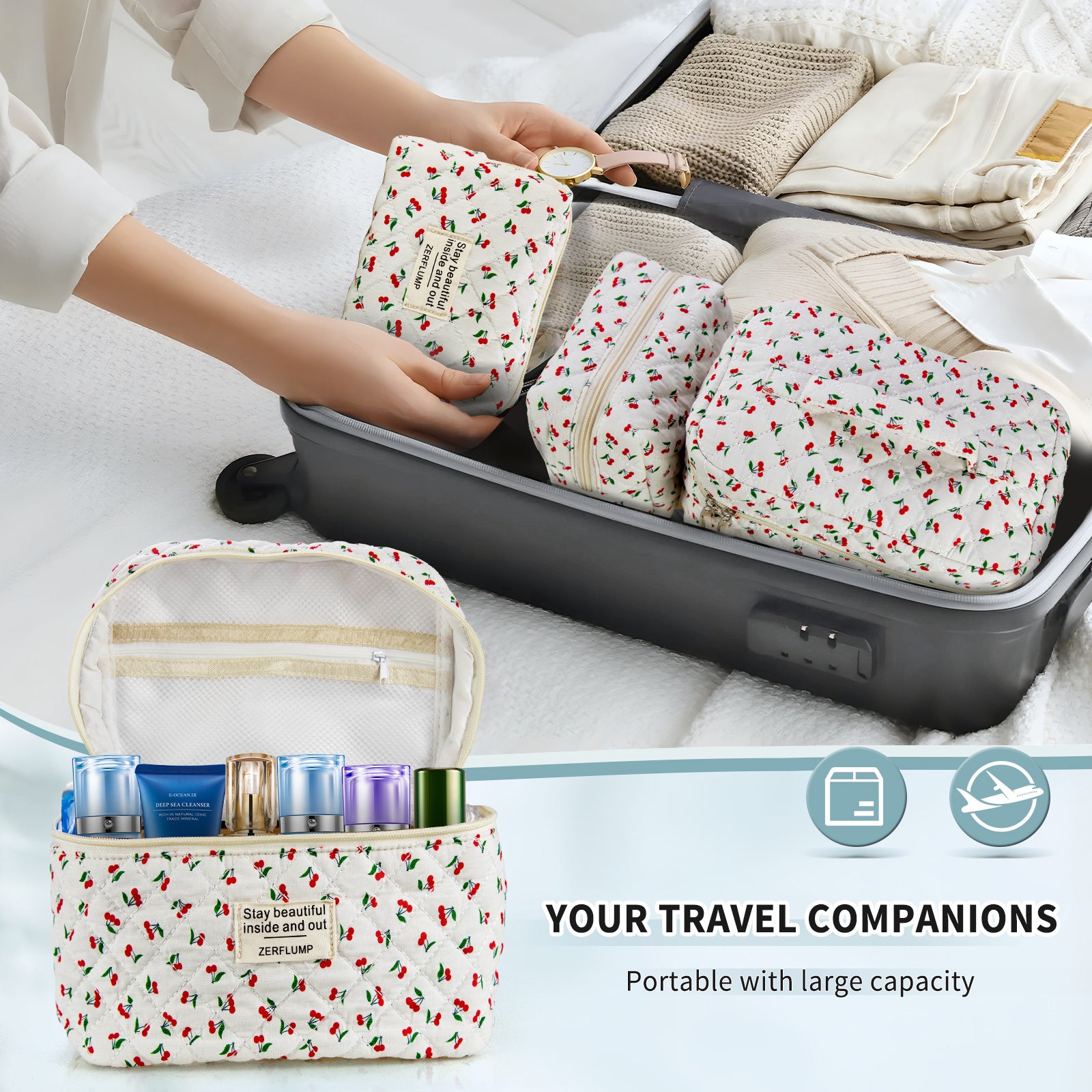 Travel Makeup Bag – 3 Piece, Quilted, for Travel – detail view 30