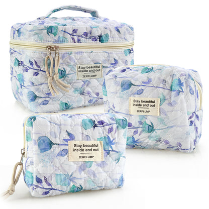 Travel Makeup Bag – 3 Piece, Quilted, for Travel – front view