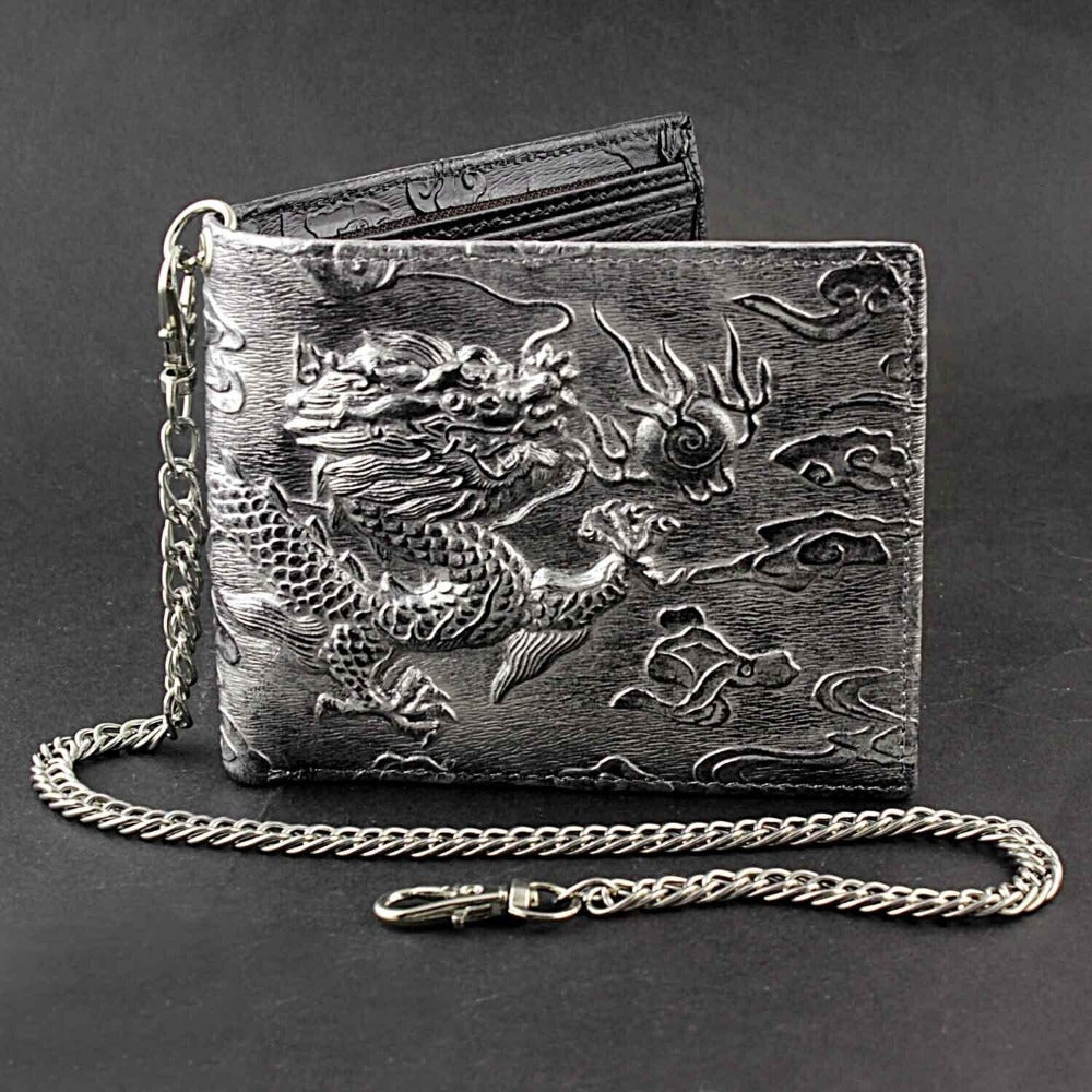 Men's Wallet – Dragon Chain Vintage Silver Biker – front view