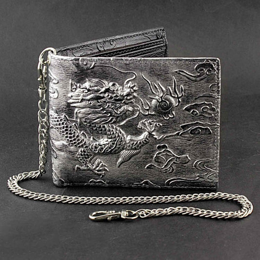 Men's Wallet – Dragon Chain Vintage Silver Biker – front view
