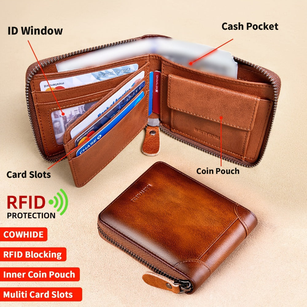 Men's Wallet – Genuine Leather, Large Capacity, RFID Blocking – front view