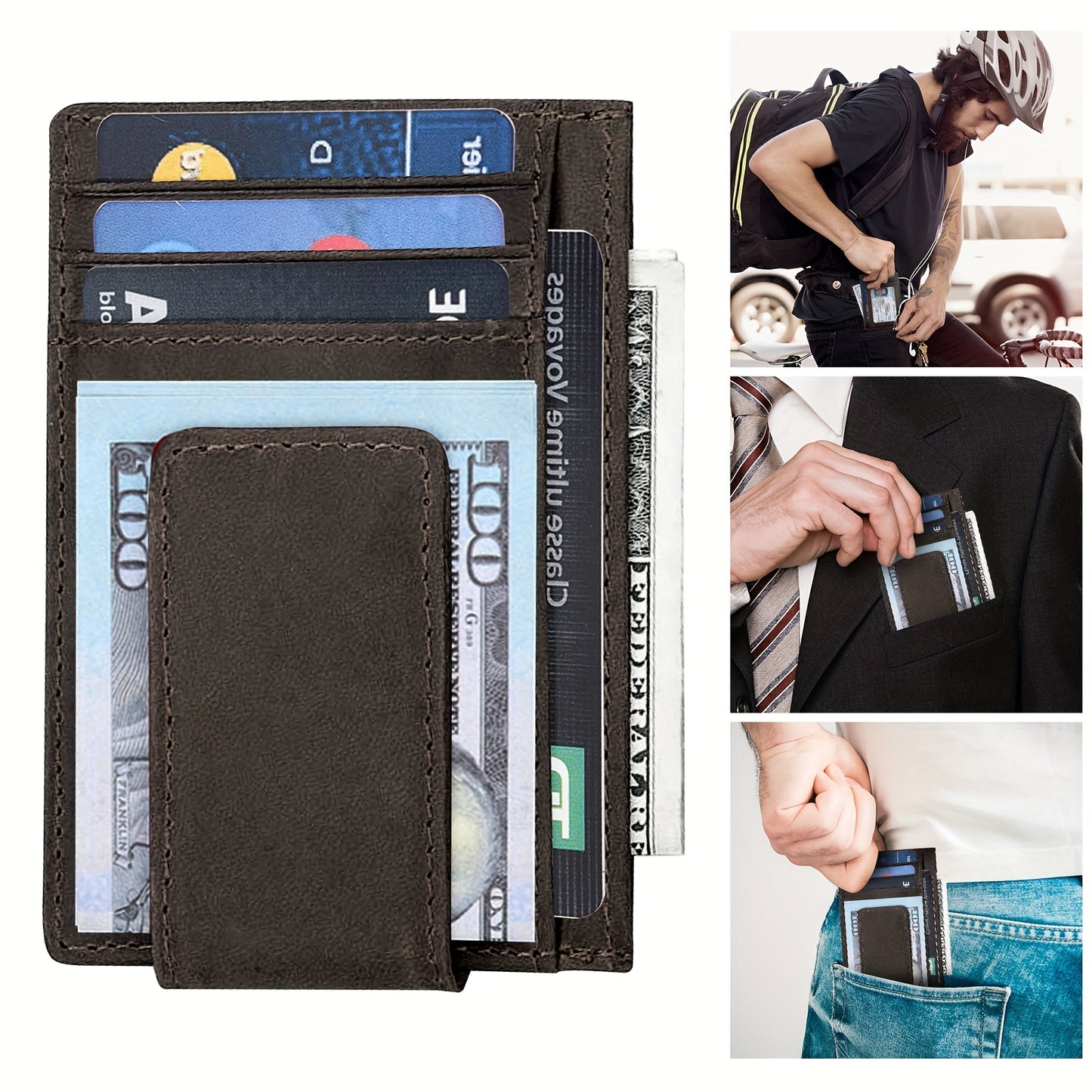 Men's Wallet – RFID Blocking, Crazy Horse Leather Magnetic Money – front view - product view 7
