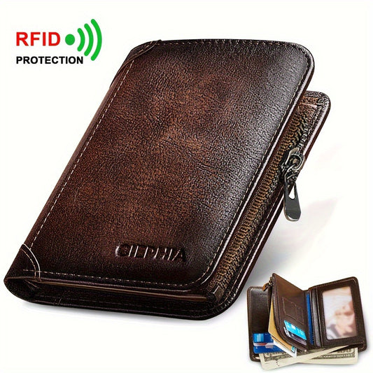 Men's Wallet – RFID Blocking, Trifold Zipper Coin Pocket Genuine – front view