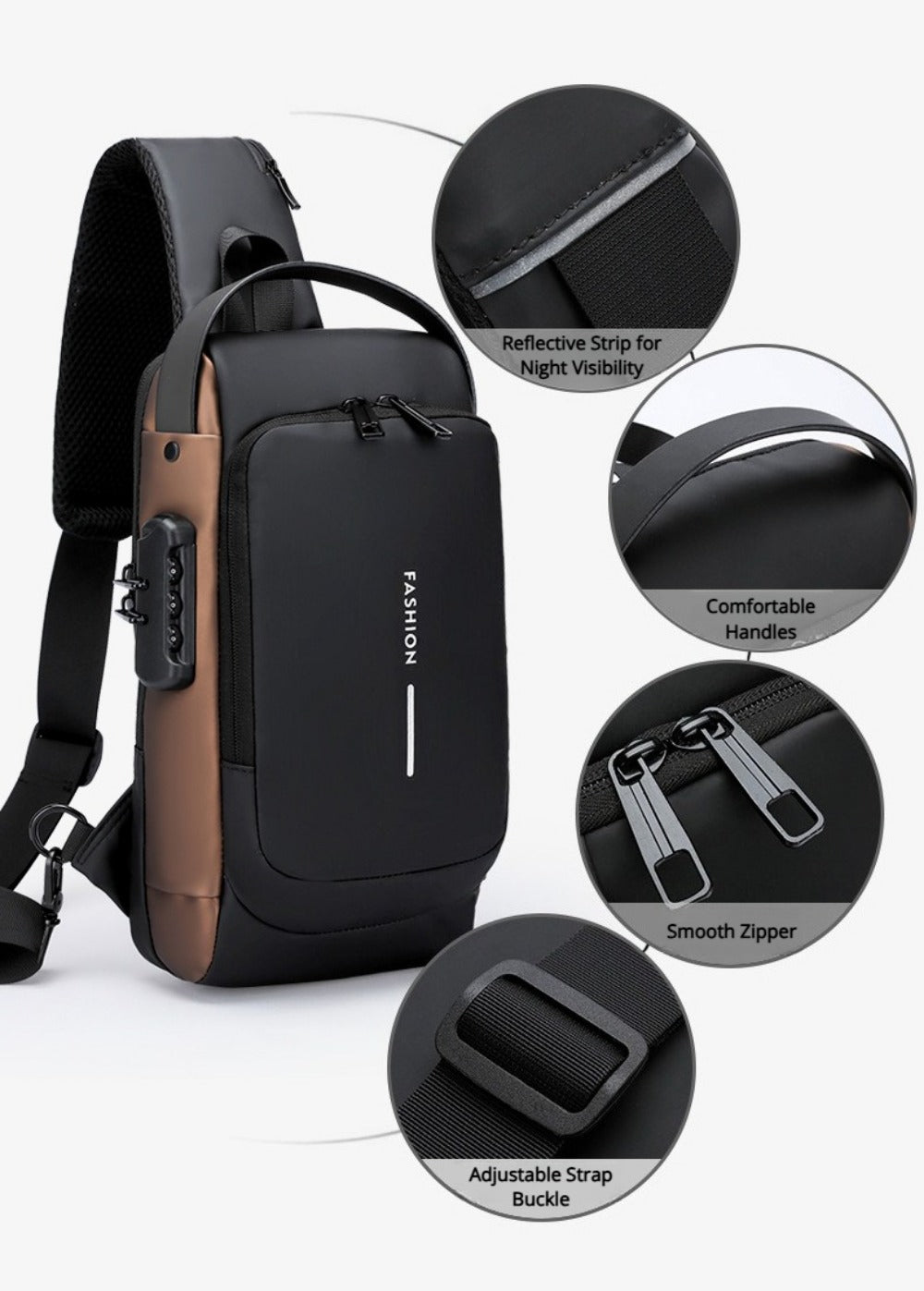 Sling Bag – Combination Lock, Large Capacity, Anti-Theft, for Travel & Work – detail view 16