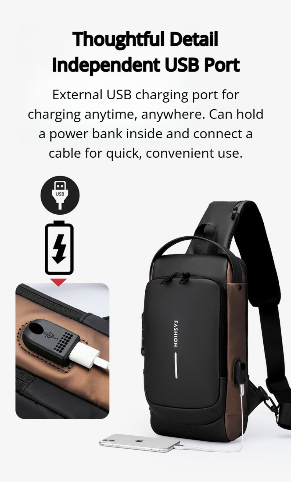 Sling Bag – Combination Lock, Large Capacity, Anti-Theft, for Travel & Work – detail view 18