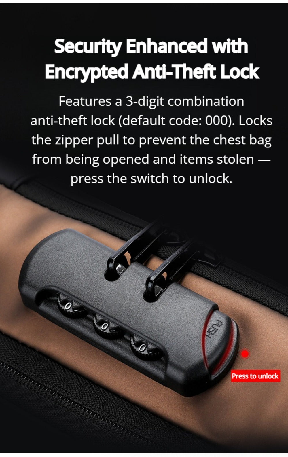 Sling Bag – Combination Lock, Large Capacity, Anti-Theft, for Travel & Work – detail view 19