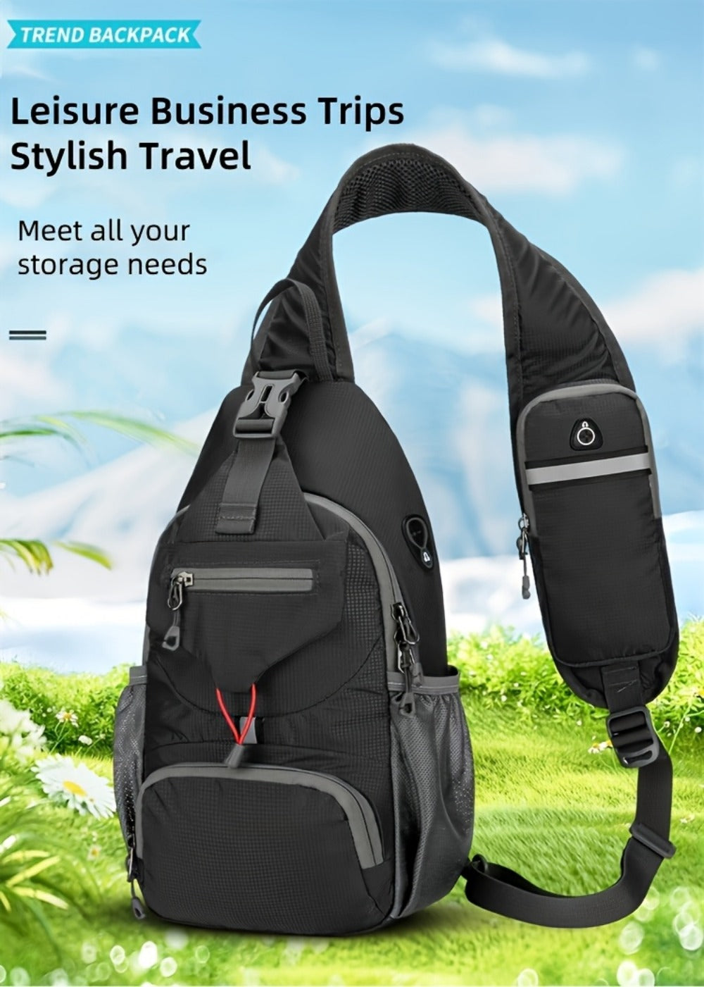 Sling Bag – Nylon, Large Capacity, Adjustable Strap, Multi Pocket – detail view 23