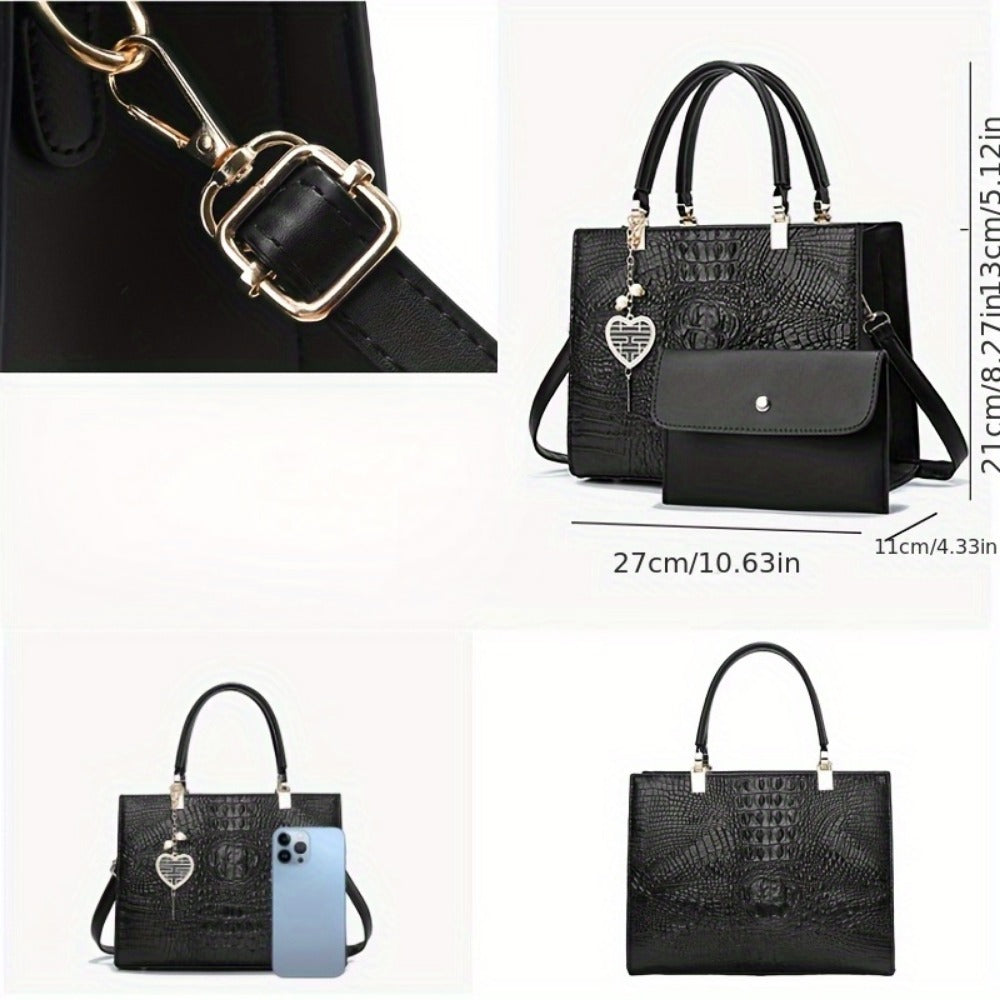 Crossbody Bag for Women – Convertible, Croc Print Heart Charm Top – detail view 4