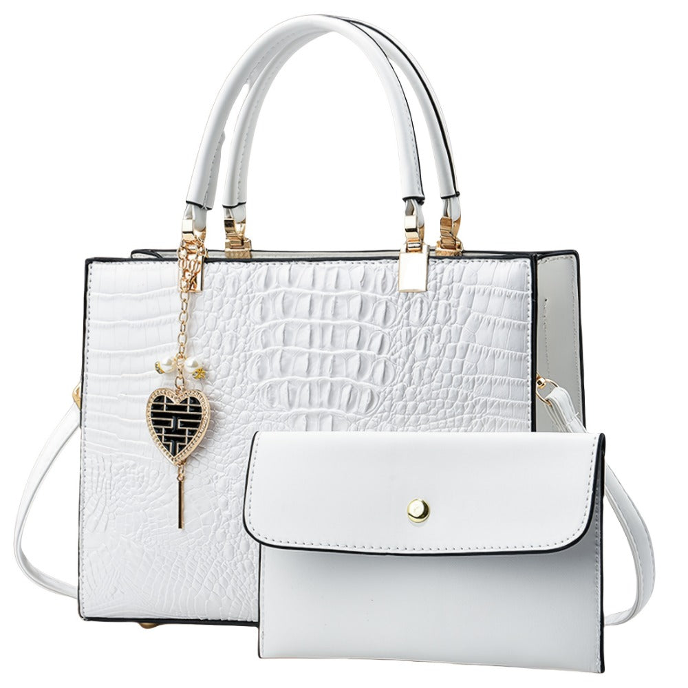 Crossbody Bag for Women – Convertible, Croc Print Heart Charm Top – front view