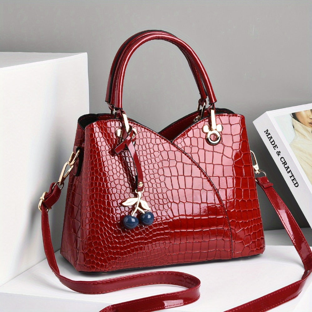 Crossbody Bag for Women – Faux Crocodile Texture Cherry Pendant – detail view 22