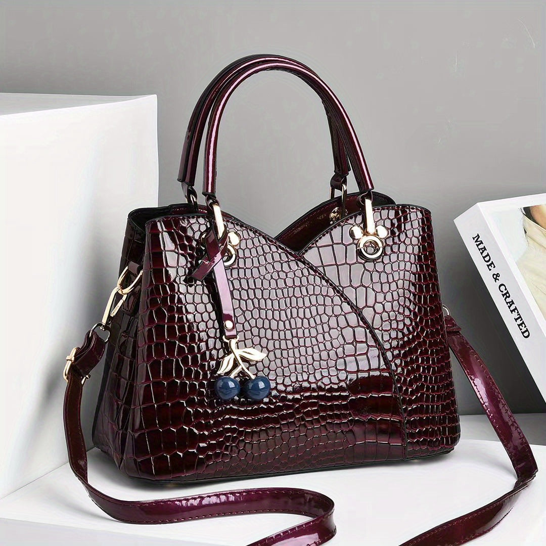 Crossbody Bag for Women – Faux Crocodile Texture Cherry Pendant – detail view 2