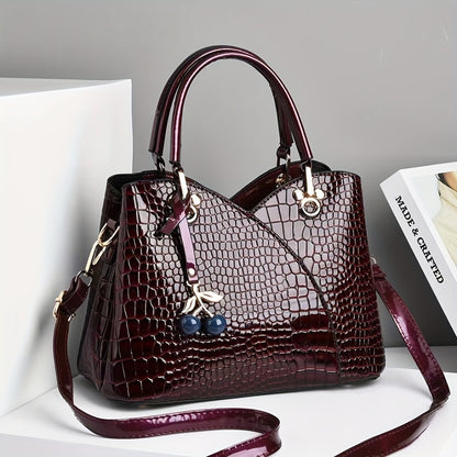 Crossbody Bag for Women – Faux Crocodile Texture Cherry Pendant – front view