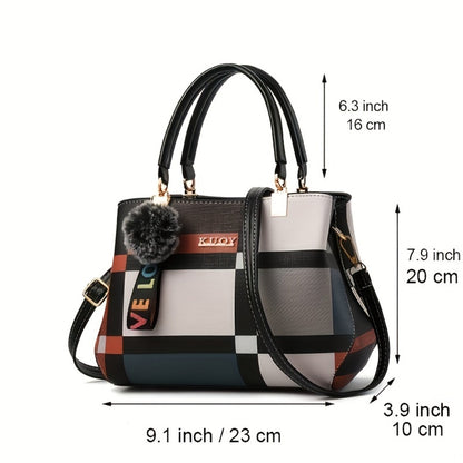 Crossbody Bag for Women – for Work & Everyday Use, Plaid Colorblock Satchel Plush Ball – alternate view