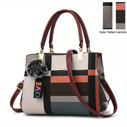 Crossbody Bag for Women – for Work & Everyday Use, Plaid Colorblock Satchel Plush Ball – detail view 2