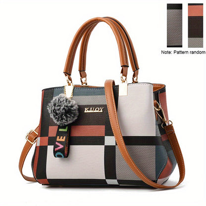 Crossbody Bag for Women – for Work & Everyday Use, Plaid Colorblock Satchel Plush Ball – detail view 9