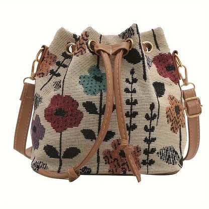 Crossbody Bag for Women – for Travel & Work, Floral Bucket Ethnic Drawstring Boho – front view - product view 11