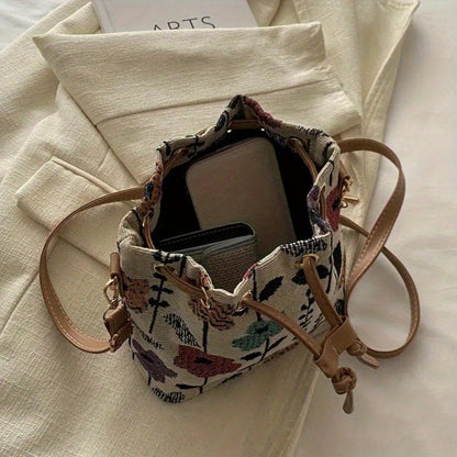 Crossbody Bag for Women – for Travel & Work, Floral Bucket Ethnic Drawstring Boho – detail view 10