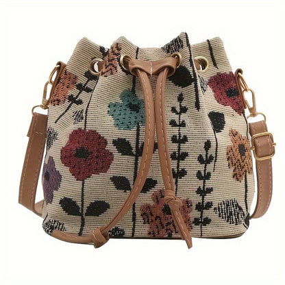 Crossbody Bag for Women – for Travel & Work, Floral Bucket Ethnic Drawstring Boho – detail view 3