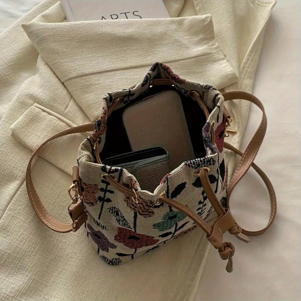 Crossbody Bag for Women – for Travel & Work, Floral Bucket Ethnic Drawstring Boho – detail view 7