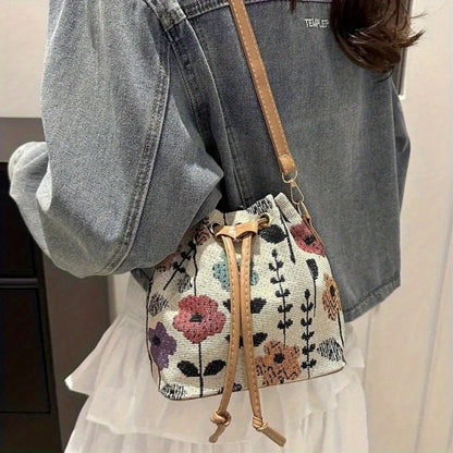 Crossbody Bag for Women – for Travel & Work, Floral Bucket Ethnic Drawstring Boho – detail view 8