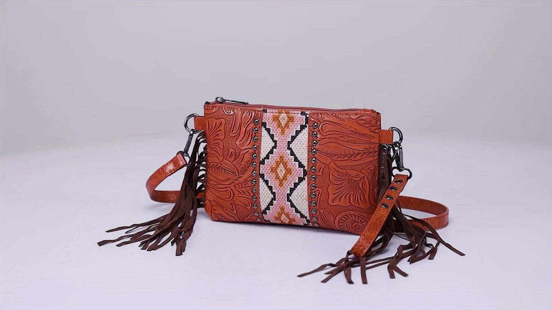 Crossbody Bag for Women – for Travel, Woven Tassel Vintage Floral Fringe – detail view 12