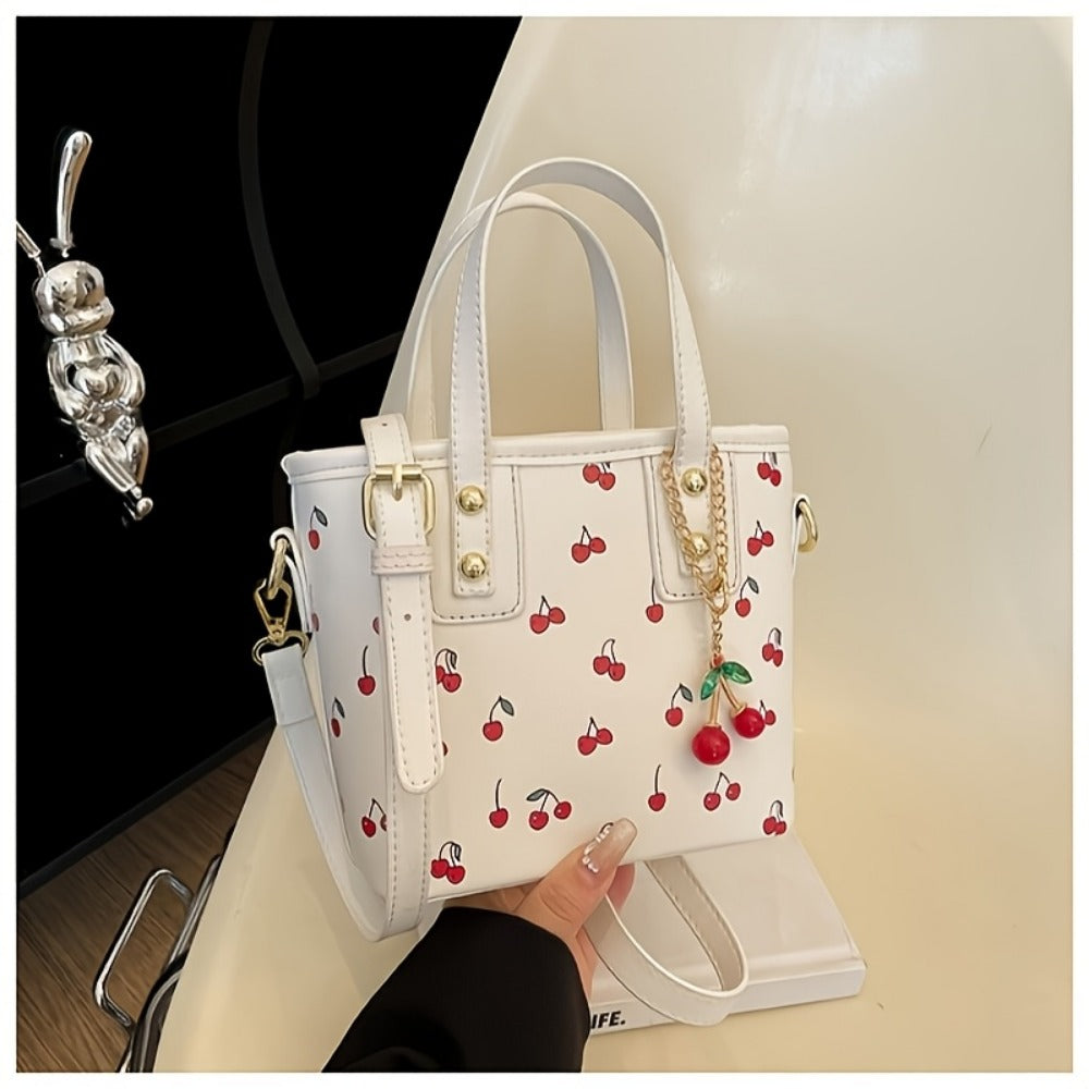 Crossbody Bag for Women – for Work, Cherry Print Bucket Golden Chain – detail view 4