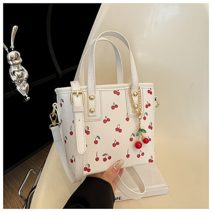 Crossbody Bag for Women – for Work, Cherry Print Bucket Golden Chain – detail view 4