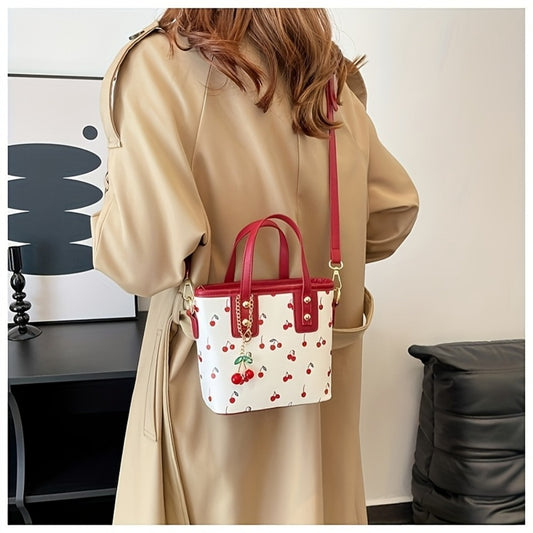 Crossbody Bag for Women – for Work, Cherry Print Bucket Golden Chain – front view