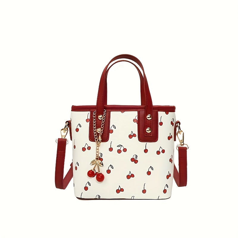 Crossbody Bag for Women – for Work, Cherry Print Bucket Golden Chain – detail view 7