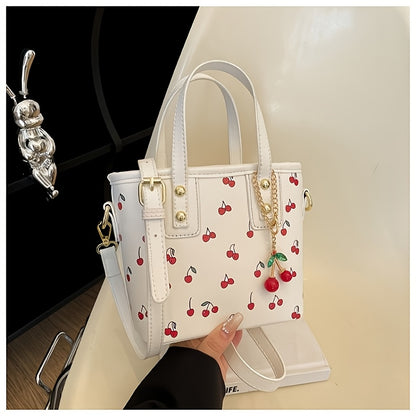 Crossbody Bag for Women – for Work, Cherry Print Bucket Golden Chain – front view - product view 7