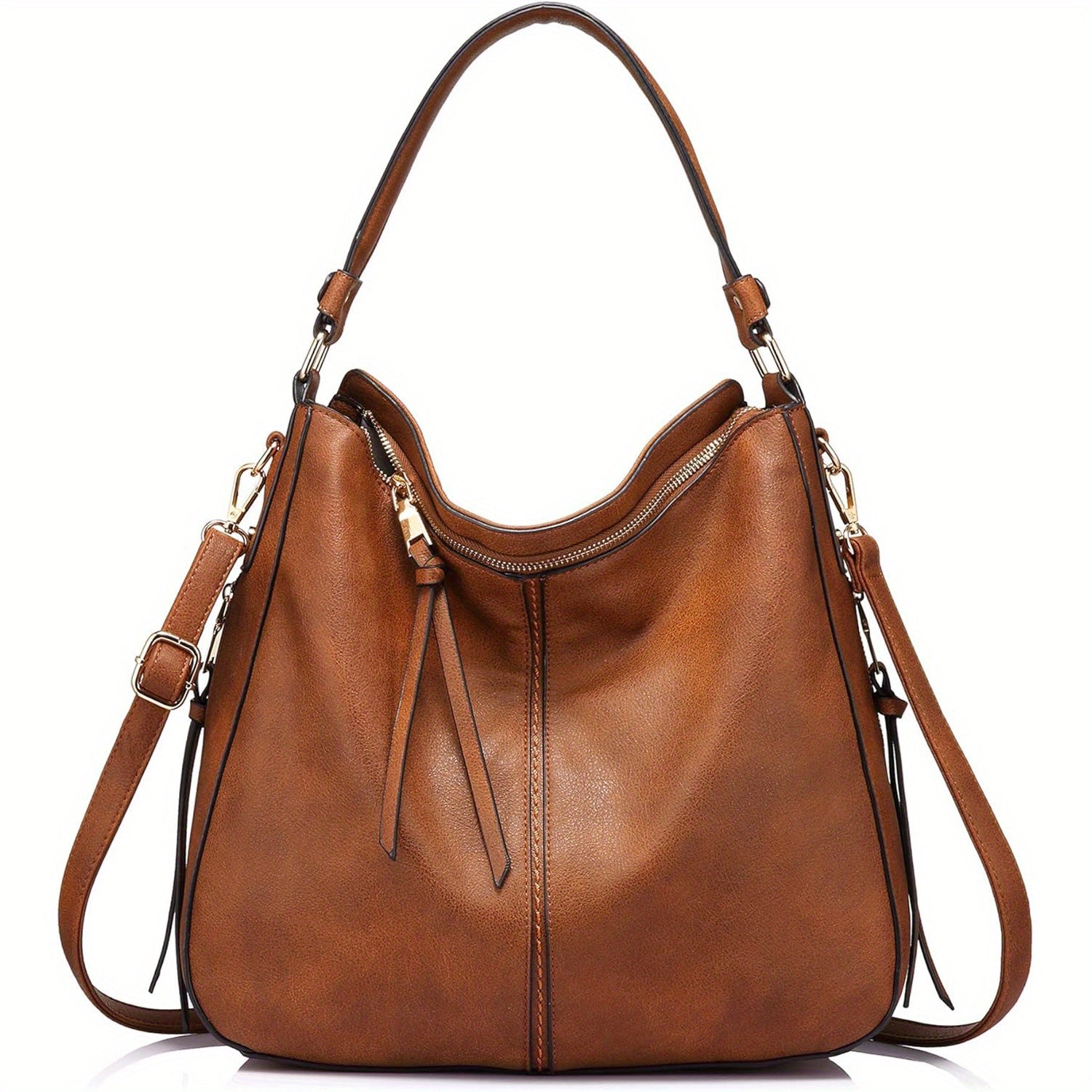 Shoulder Bag for Women – Multi-Pocket, Hobo Large Leather Tassel Golden – detail view 12