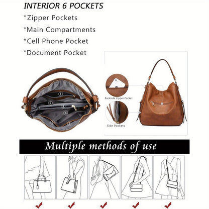 Shoulder Bag for Women – Multi-Pocket, Hobo Large Leather Tassel Golden – detail view 5