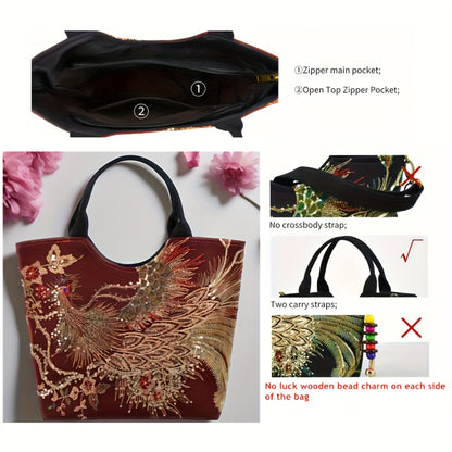 Shoulder Bag for Women – Multi-Pocket, Peacock Embroidery Sequin Ethnic Boho – detail view 15