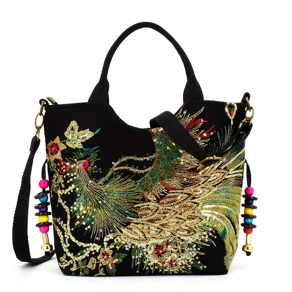 Shoulder Bag for Women – Multi-Pocket, Peacock Embroidery Sequin Ethnic Boho – detail view 12