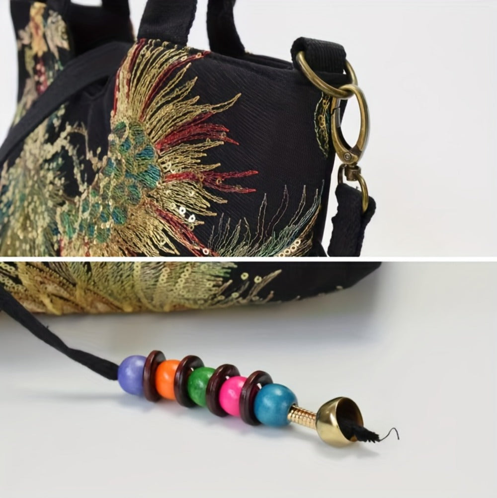 Shoulder Bag for Women – Multi-Pocket, Peacock Embroidery Sequin Ethnic Boho – detail view 14